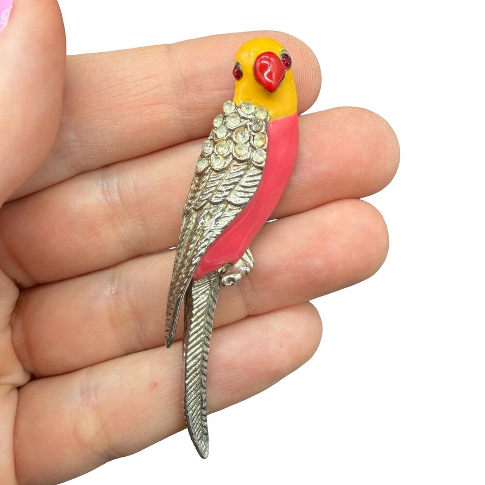Vintage Enameled Bird Brooch Parrot or Parakeet Peach Orange Yellow Rhinestones